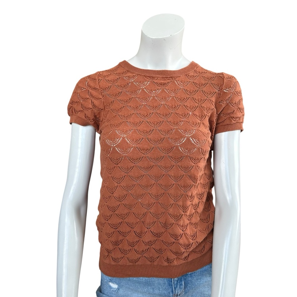 ModCloth Burnt Orange Pointelle Cotton Knit Short Sleeve Sweater Size XS